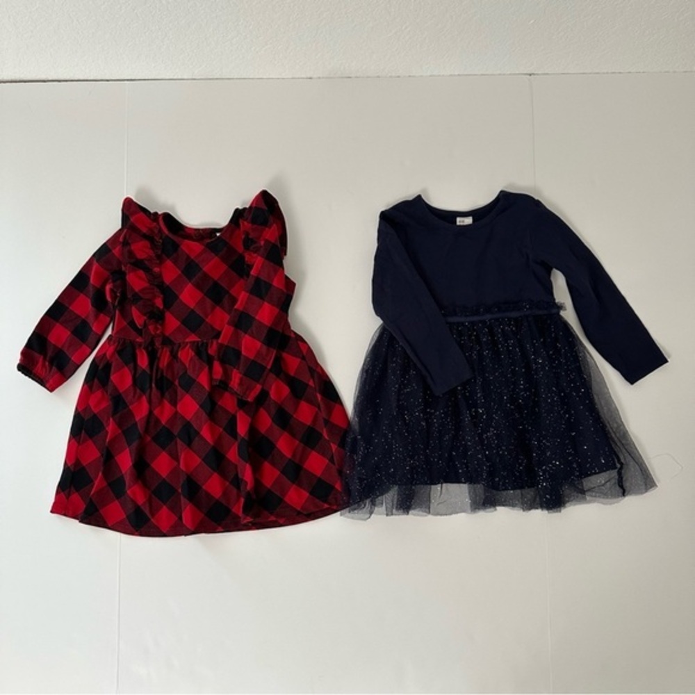 H&M and Carters Red Plaid and Navy Blue Girls Kids Long Sleeves Dresses Size 18M